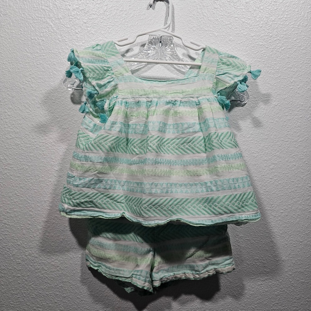 Shabby Chic Girls Mint Green White Stripe Tassel Top and Shorts Set Size M 7-8
